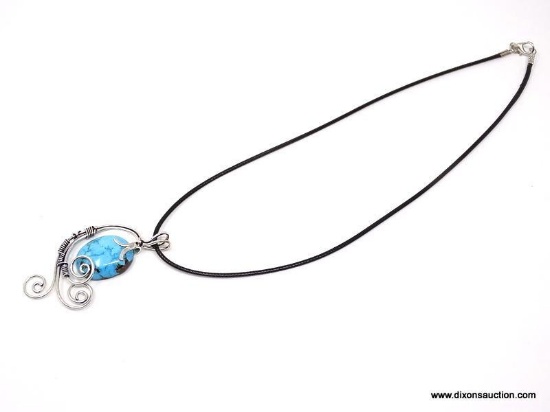 2 3/4" AMAZING HANDMADE SILVER WIRE WRAP DETAILED TURQUOISE GEMSTONE ON 18" - 20" SILK CORD NECKLACE