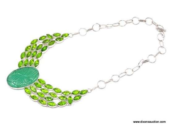 .925 RHODIUM 18" - 19" SPECTACULAR PERIDOT DESIGNER STATEMENT CHOKER NECKLACE WITH CARVED GREEN ONYX