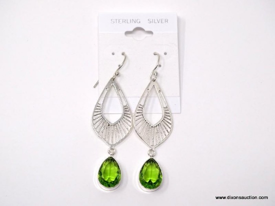 .925 RHODIUM AAA 2 1/2" LARGE BEAUTIFUL DETAILED DESIGN PERIDOT DROP EARRINGS; SEE MATCHING NECKLACE