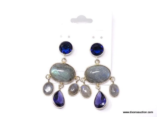 .925 RHODIUM 2" AAA GORGEOUS LABRADORITE GEMSTONES WITH AMETHYST ACCENT EARRINGS; SEE MATCHING