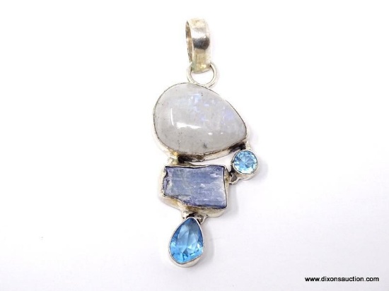 .925 RHODIUM 2" AAA GORGEOUS MOONSTONE CABOCHON WITH ROUGH CENTER MOONSTONE; BLUE TOPAZ ACCENTS; SEE