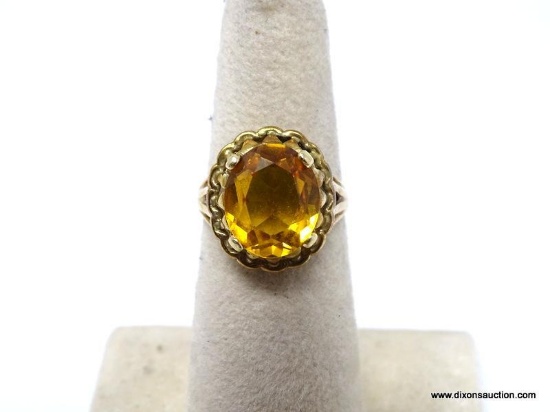VINTAGE 14K YELLOW GOLD RING WITH LARGE OVAL CUT CITRINE GEMSTONE. UNMARKED BUT ACID TESTED. NICE