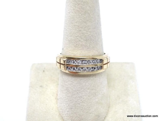 MANS 10K YELLOW GOLD WEDDING BAND WITH DOUBLE ROW OF ROUND DIAMOND CHIPS. LACE INTERIOR DESIGN.