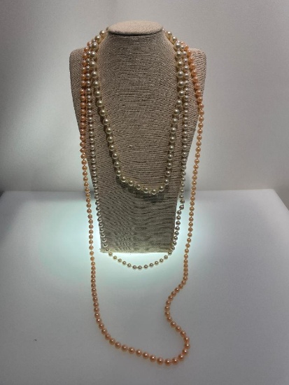 VINTAGE FAUX PEARL NECKLACES - PEACH AND IVORY COLOR FLAPPER STYLE ROARING 20'S, LONGEST STRAND IS