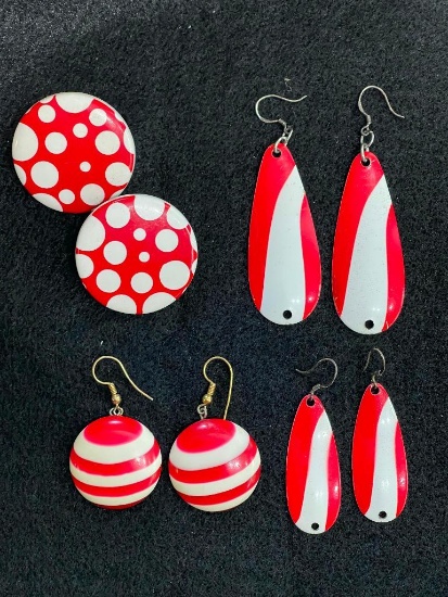 VINTAGE RETRO 1950'S RED AND WHTE PIERCED CHUNKY EARRINGS AND MINNOW SPOON EARRINGS - POLKA DOT,