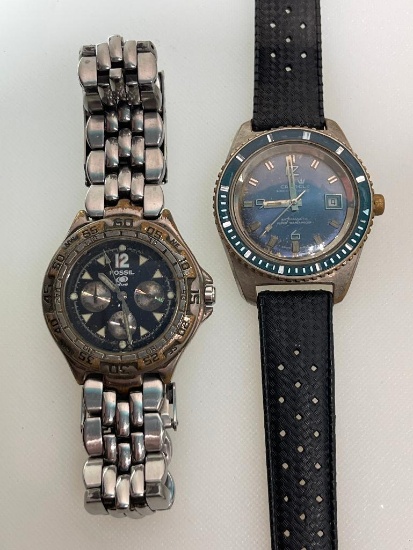 TWO MENS WATCHES - A CRONEL SWISS MADE WATERPROOF AND FOSSIL BLUE - BOTH UNTESTED