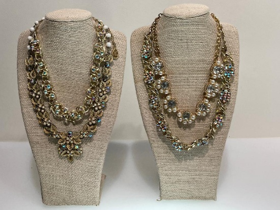 VINTAGE RHINESTONE AND FAUX PEARL EVENING NECKLACES