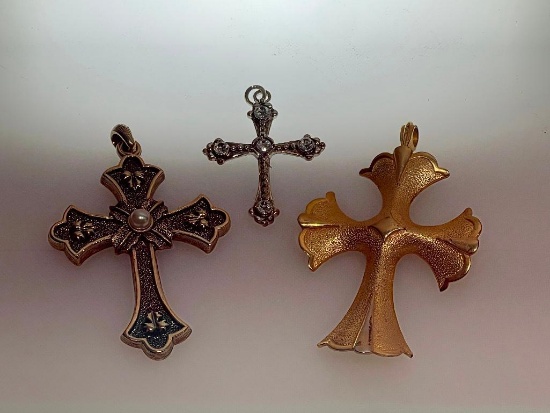 THREE CROSS PENDANTS - ONE MARKED SARAH COVENTRY - TALLEST MEASURES 4"H
