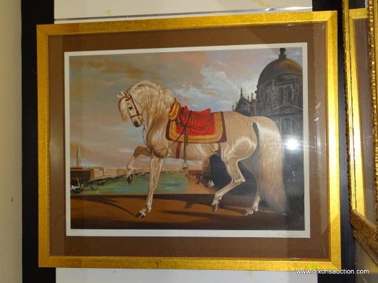 (WIN) "HORSE IN VENETIAN LANDSCAPE" BY BERNARD DE CLAVIER FRAMED LITHOGRAPH PRINT. IS PENCIL SIGNED