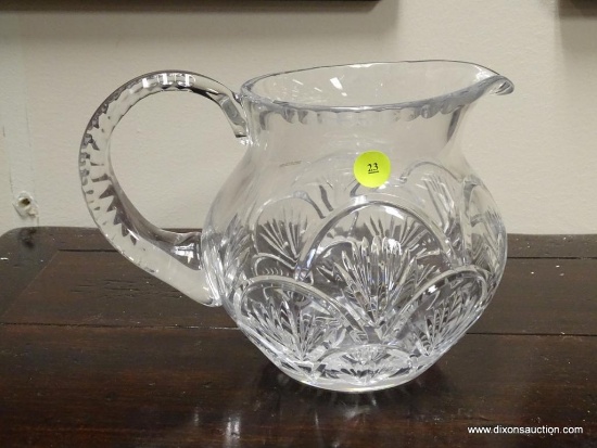 (R1) PRESSED GLASS WATER PITCHER WITH FAN STYLE PATTERN. ITEM IS SOLD AS IS WHERE IS WITH NO