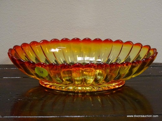 (R1) IMPERIAL GLASS COMPANY AMBERINA GLASS DISH. MEASURES 8.5 IN X 5 IN. ITEM IS SOLD AS IS WHERE IS