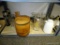 (R2) SHELF LOT OF ASSORTED ITEMS TO INCLUDE A WOODEN LIDDED CANISTER, A THERMOS, A WATER PITCHER,