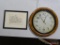 (R2) SHELF LOT OF ASSORTED ITEMS TO INCLUDE A WALL CLOCK, AN ANTIQUE ALARM CLOCK, A PAIR OF BUD