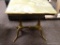 (R3) MARBLE AND GOLD PAINTED IRON BASE END TABLE. IS 1 OF A PAIR. MEASURES 20 IN X 25 IN X 28 IN.