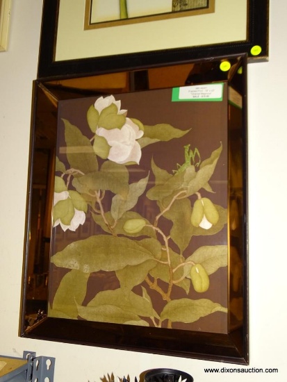 (BWALL) FRAMED PRINT TITLED "ORIENTAL MAGNOLIA" IN A MIRRORED EDGE FRAME. MEASURES APPROXIMATELY