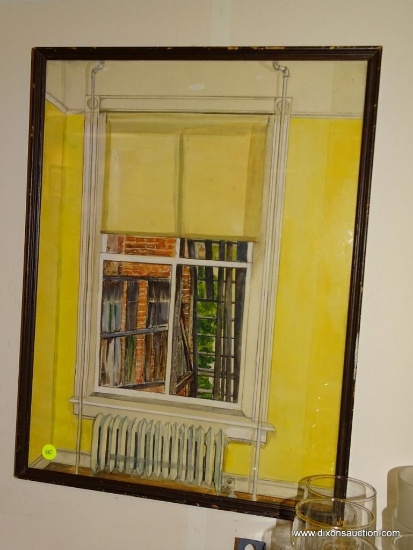 (BWALL) FRAMED PAINTING OF A WINDOW SCENE INSIDE A BUILDING LOOKING OUT. MEASURES 14 IN X 20.5 IN.