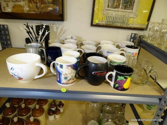 (R2) SHELF LOT TO INCLUDE ASSORTED COFFEE MUGS, PLAYBOY THEMED STIRRING STICKS, AND 2 PLAYBOY THEMED
