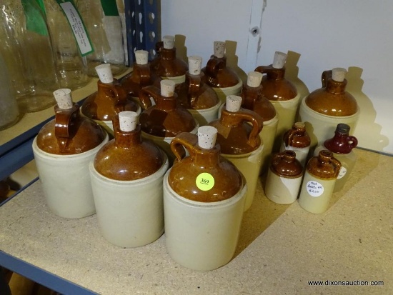 (R2) LOT OF BROWN AND SALT GLAZED JUGS AND MINIATURE BROWN AND SALT GLAZED BOTTLES. MOST HAVE CORK