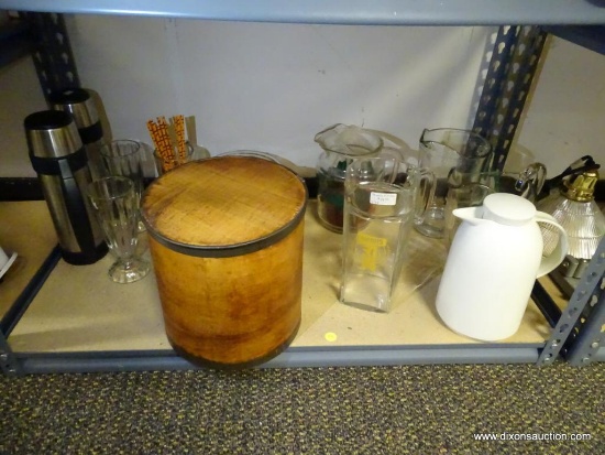 (R2) SHELF LOT OF ASSORTED ITEMS TO INCLUDE A WOODEN LIDDED CANISTER, A THERMOS, A WATER PITCHER,