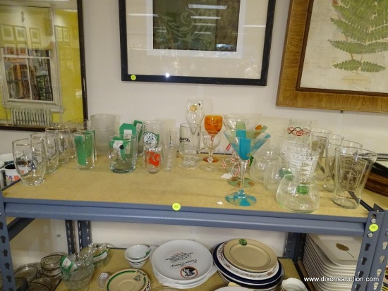 (R2) SHELF LOT OF ASSORTED GLASSWARE TO INCLUDE MARTINI GLASSES, LOW BALL GLASSES, COCA-COLA