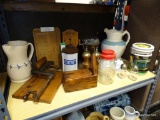 (R2) SHELF LOT OF ASSORTED ITEMS TO INCLUDE A FLOUR SHAKER, SALT SHAKER, A BROWN GLAZED CROCK, A