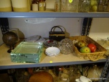 (R2) SHELF LOT OF ASSORTED ITEMS TO INCLUDE CORKS, A GLASS DECORATIVE BLOCK, ARTIFICIAL FRUIT, SHELL