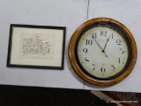 (R2) SHELF LOT OF ASSORTED ITEMS TO INCLUDE A WALL CLOCK, AN ANTIQUE ALARM CLOCK, A PAIR OF BUD