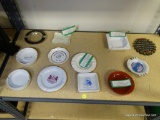 (R2) SHELF LOT OF ASSORTED ASHTRAYS TO INCLUDE A MILK GLASS ASHTRAY, A RED GLASS ASHTRAY, A GSH