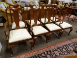 (R2) SET OF 8 MAHOGANY QUEEN ANNE DINING CHAIRS WITH DIAMOND PATTERN UPHOLSTERY. 2 ARE ARMS AND 6