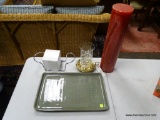 (R2) ASSORTED LOT TO INCLUDE A GREEN CERAMIC PLATTER, A LARGE RED CANDLE, A BRASS CANDLESTICK HOLDER