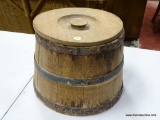 (R2) WOODEN FIRKIN BUCKET WITH LID. MEASURES APPROXIMATELY 12 IN X 9.5 IN. ITEM IS SOLD AS IS WHERE