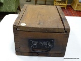 (R2) ANTIQUE DOVETAILED DOCUMENT BOX WITH HANDLE AND SLIDING PANEL. ITEM IS SOLD AS IS WHERE IS WITH