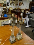 (R2) PAIR OF GLASS AND BRASS 4 LIGHT LAMPS WITH HARPS. EACH MEASURES 31 IN TALL. ITEM IS SOLD AS IS