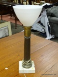 (R2) VINTAGE MILK GLASS, BRASS AND MARBLE LAMP. MEASURES 20 IN TALL. ITEM IS SOLD AS IS WHERE IS