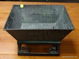 (R2) GREEN SQUARE METAL DISH WITH FAR EASTERN INSPIRED ACCENTS. MEASURES 12 IN X 12 IN X 7 IN. ITEM