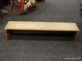 (R2) PINE FREE-STANDING SHELF. MEASURES APPROXIMATELY 43 IN X 8 IN X 11 IN. ITEM IS SOLD AS IS WHERE