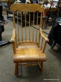 (R2) VINTAGE ROCKING CHAIR WITH PLANK BOTTOM SEAT. MEASURES 22 IN X 29 IN X 41 IN. ITEM IS SOLD AS
