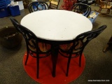 (R2) WHITE AND BLACK DINETTE SET TO INCLUDE A ROUND TABLE (MEASURES 41 IN X 30 IN) AND 4 CANE BOTTOM