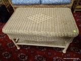 (R3) 2 TIER WICKER COFFEE TABLE. MEASURES 30 IN X 18 IN X 18 IN. ITEM IS SOLD AS IS WHERE IS WITH NO