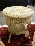 (R3) 2 TIER WICKER END TABLE. MEASURES 19 IN X 21 IN. ITEM IS SOLD AS IS WHERE IS WITH NO GUARANTEE
