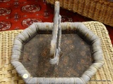 (R3) CAST IRON DISH WITH LYRE CENTERPIECE. MEASURES 14 IN X 9.5 IN X 10.5 IN. ITEM IS SOLD AS IS