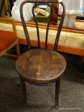 (R3) VINTAGE BENT WOOD CHAIR. MEASURES 15 IN X 21 IN X 34 IN. ITEM IS SOLD AS IS WHERE IS WITH NO