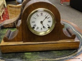 (R3) ANTIQUE MAHOGANY MANTLE CLOCK. MEASURES 16 IN X 6 IN X 11 IN. ITEM IS SOLD AS IS WHERE IS WITH