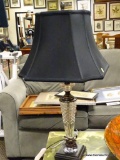 (R3) CRYSTAL AND METAL LAMP WITH BLACK SHADE AND BLACK FINIAL. MEASURES 30 IN TALL. ITEM IS SOLD AS