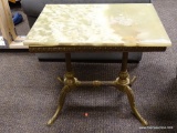 (R3) MARBLE AND GOLD PAINTED IRON BASE END TABLE. IS 1 OF A PAIR. MEASURES 20 IN X 25 IN X 28 IN.