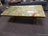 (R3) MARBLE AND GOLD PAINTED IRON BASE COFFEE TABLE. MEASURES 47 IN X 24 IN X 18 IN. ITEM IS SOLD AS