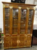 (R3) BERNHARDT FAR EASTERN INSPIRED CHINA CABINET WITH INTERIOR GLASS SHELVES AND BRASS ACCENTS.