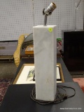 (R3) SOLID MARBLE LAMP IN WHITE. MEASURES 4 IN X 4 IN X 16 IN. HAS SOME MINOR CHIPPING AND THE LIGHT