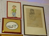 (R3) LOT OF 3 ASSORTED FRAMED ITEMS TO INCLUDE A DUCK DECOY PRINT, A MOTHER AND CHILD SKETCH, AND A