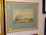 (R3) FRAMED PRINT OF SHIPS OUT AT SEA. IN A NATURAL FINISH FRAME MEASURES 18.5 IN X 15.5 IN. ITEM IS